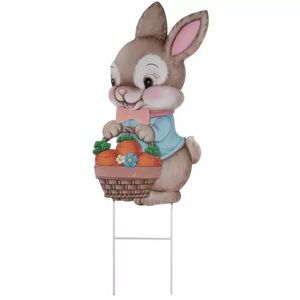 (2) Bunny Holding Carrot Basket Metal Garden Stake